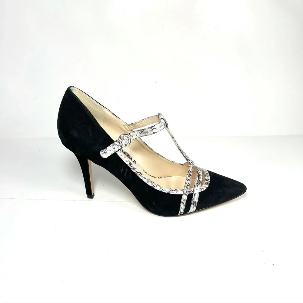 Nine West Jantine Women's T-Strap Pumps Pointed Toe Black Suede‎ Size 7.5 M